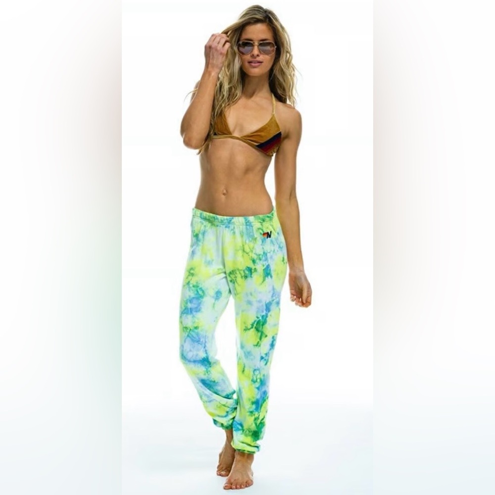 Aviator Nation Tie Dyed Sweatpants Neon Yellow & Blue Size S